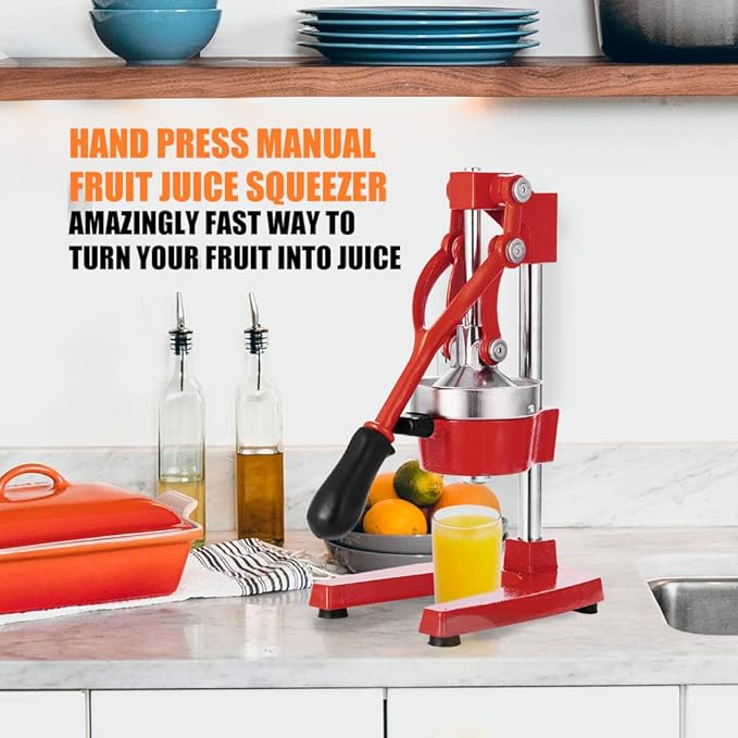 Commercial Heavy Duty Cast Iron Hand Press Manual Orange Citrus Lemon Lime Grapefruit Pomegranate Fruit Juice Squeezer Machine with Stainless Steel Cup Red