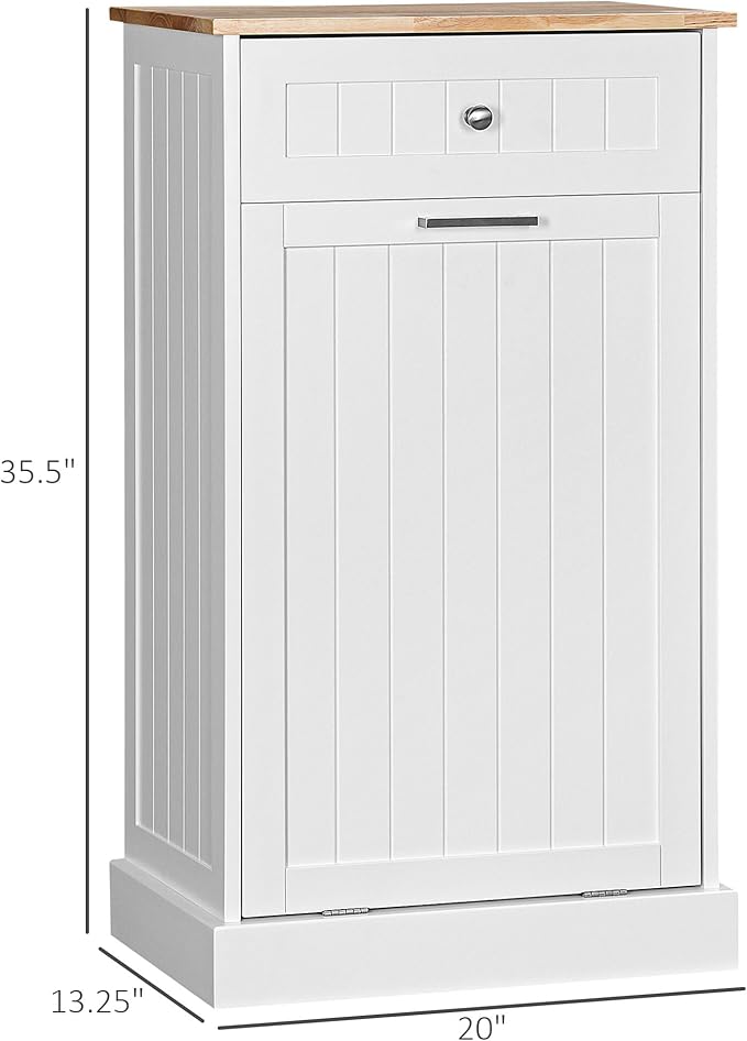 HOMCOM 10 Gallon Tilt Out Trash Cabinet, Wooden Hidden Trash Can with Storage Drawer for Kitchen, Laundry Hamper Cabinet for Bathroom, White