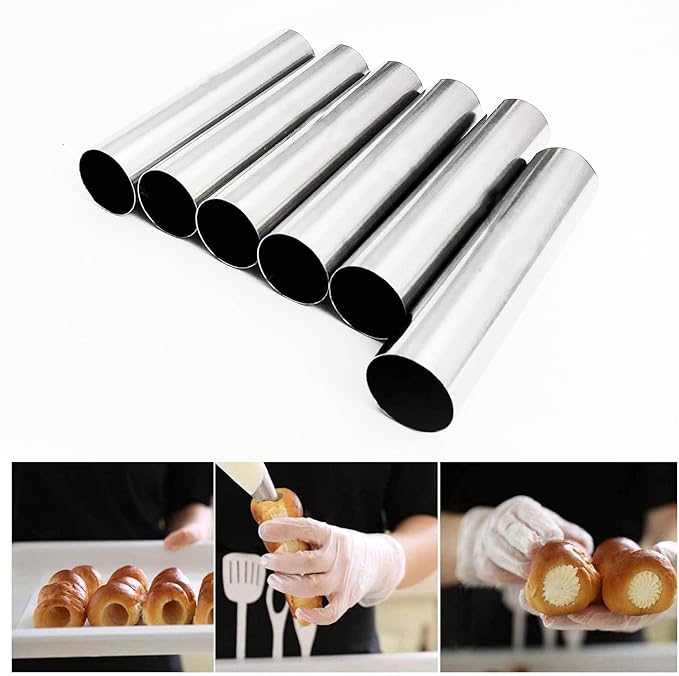 Cannoli Tubes Set, 25 Pack Large Cannoli Forms with Cleaning Brush, Reusable Silicone Piping Bag and Long Piping Tip, Stainless Steel Kitchen Tool DIY Dessert Supplies