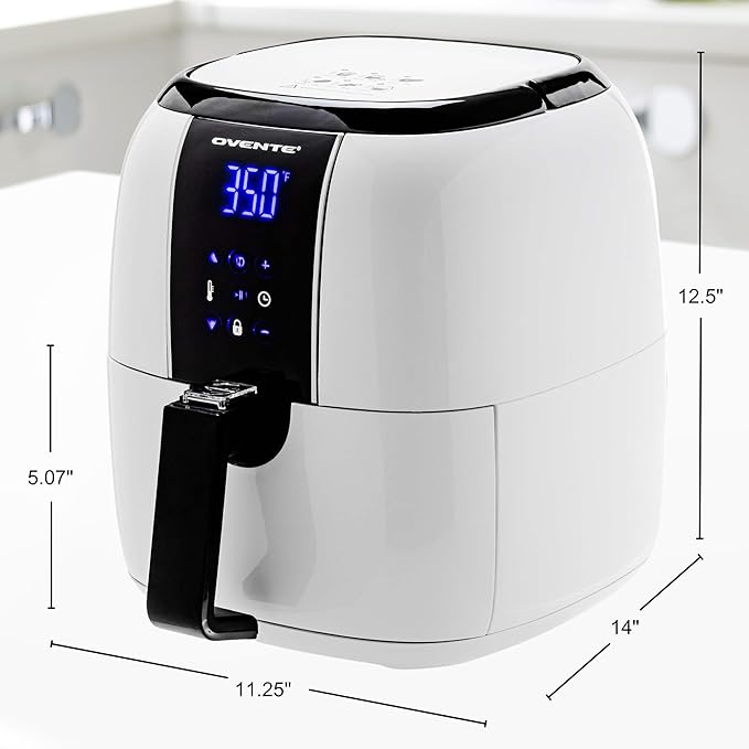 OVENTE Compact Air Fryer, 3.2 Quart Electric Hot Cooker with 1400W Power, Digital LED Touch Screen, Auto Shutoff, Dishwasher Safe Non-Stick Basket, Perfect for Healthy & Oilless Food, White FAD61302W