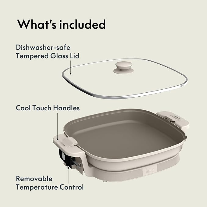 bella Make & Take XL Electric Skillet, Fits-anywhere™ kitchenware, EverGood™ Ceramic Coating, Adjustable Temperature & Dishwasher-Safe Tempered Glass Lid, Cast Aluminum Base, 1200 Watt, Oatmilk