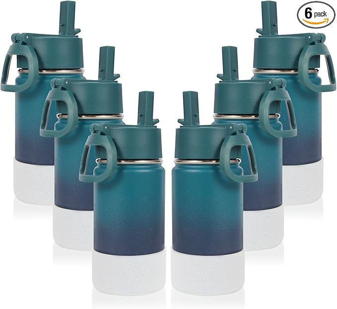 Volhoply 14oz KIds Water Bottle with Straw Lid and Silicone Boot Bulk 6 Pack,Stainless Steel Insulated Bottles for Boys & Girls Multipack,Double Wall Vacuum Leakproof Bottles(Dark Night,6)