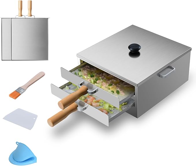 Rice Roll Steamer, Cantonese Stainless Steel 2-Tier Rice Noodles Steamer Machine, Steam Rice Roll Maker with Long Wooden Handle for Commercial and Home Use for Cheung Fun/Dumplings/Dim Sum