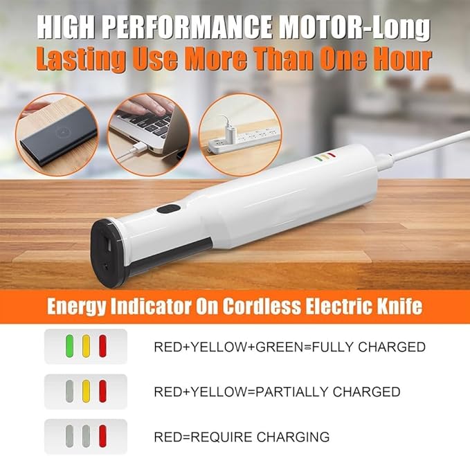 Electric Carving Knife Bread Knife, Cordless Rechargeable Meat Cutting Knife with 2 Serrated 8 Inch Stainless Steel Blades and Safety Lock for Bread, Vegetables, Fruits, Delicatessen