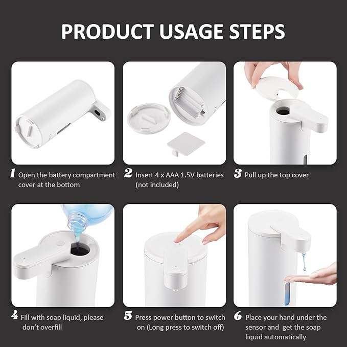 Automatic Soap Dispenser, Automatic Liquid Soap Dispenser Touchless, 12oz/340ml, 3-Level Adjustable, Battery Operated, Water-Resistant for Bathroom, Kitchen, and School, Clog-Free, White