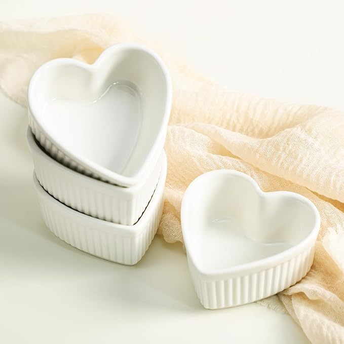 Sizikato Heart-Shaped Porcelain Souffle Dishes, Ramekins - 3.5 Inches for Souffle, Creme Brulee and Dipping Sauces - Set of 4