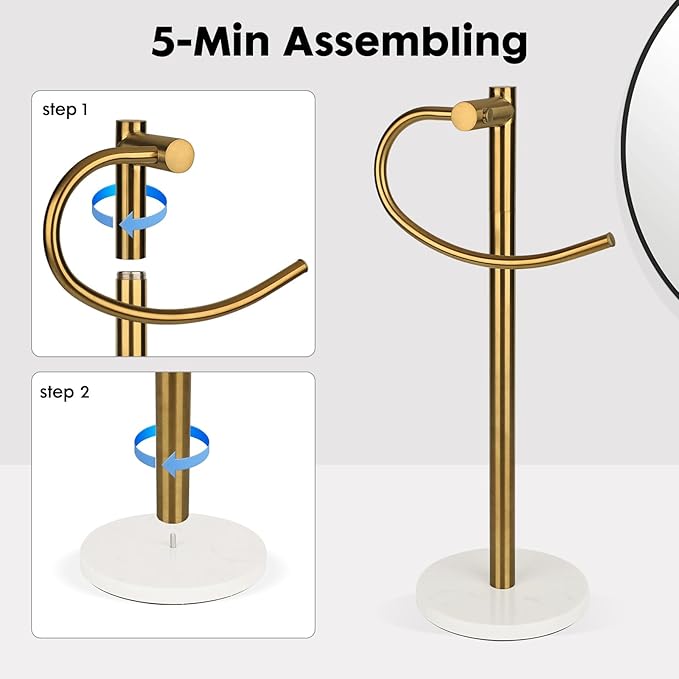 19 inch Brushed Gold Hand Towel Holder Stand,Hand Towel Bar Bathroom Vanity Countertop Towel Holder Free Standing,Towel Ring Hardware Accessories Towel Rack