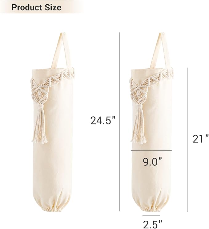 Mkono 2 Pack Macrame Plastic Bag Holder Grocery Bags Organizer Trash Bag Dispenser Camper Boho Decor Shopping Bag Storage for Kitchen Closet Pantry Laundry Room, Ivory, 9”W x 21”L