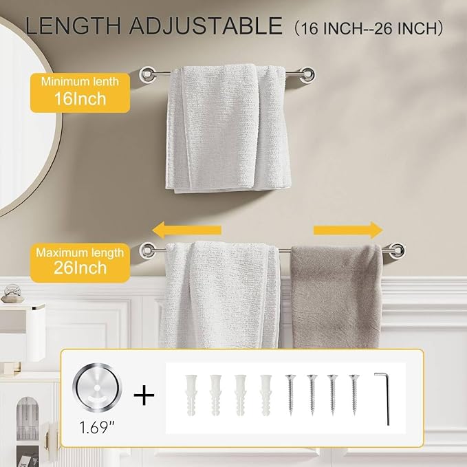BESy Adjustable 16 to 26 Inch Bath Towel Bar Rack for Bathroom Towel Holder, Wall Mounted Towel Bar Rod Hanger Bathroom Hardware Accessories Hotel Style, Stainless Steel, Polished Chrome