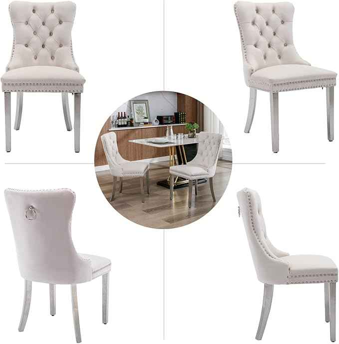 Velvet Dining Chairs Set of 2, Upholstered Dining Room Chairs with Back Ring Pull Trim and Sliver Stainless Steel Legs,Tufted Wingback Chair Perfect for Dining Room,Living Room,Kitchen(Beige)