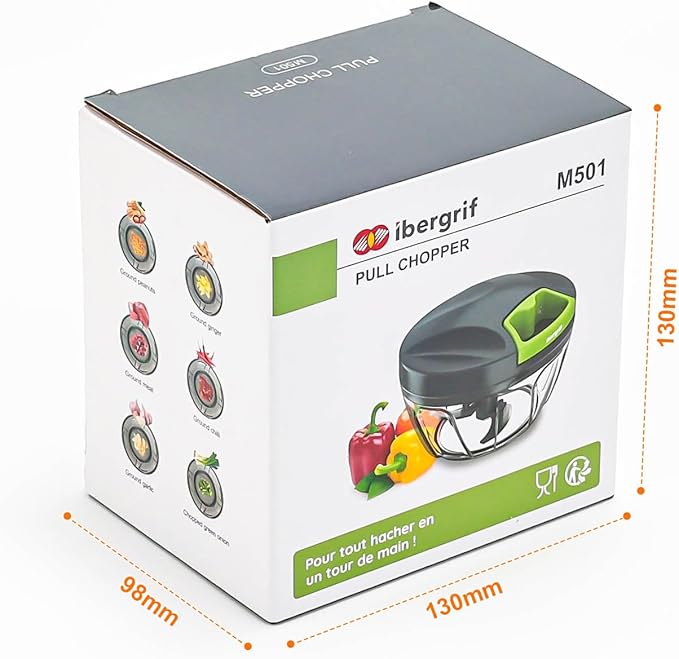 Ibergrif Manual Food Processor Vegetable Chopper, Portable Onion Chopper Garlic Mincer with Hand Pull String Cutter for for Veggies, Ginger, Fruits, Nuts, Herbs, 500ml, for Kitchen, Camping, RV, M501