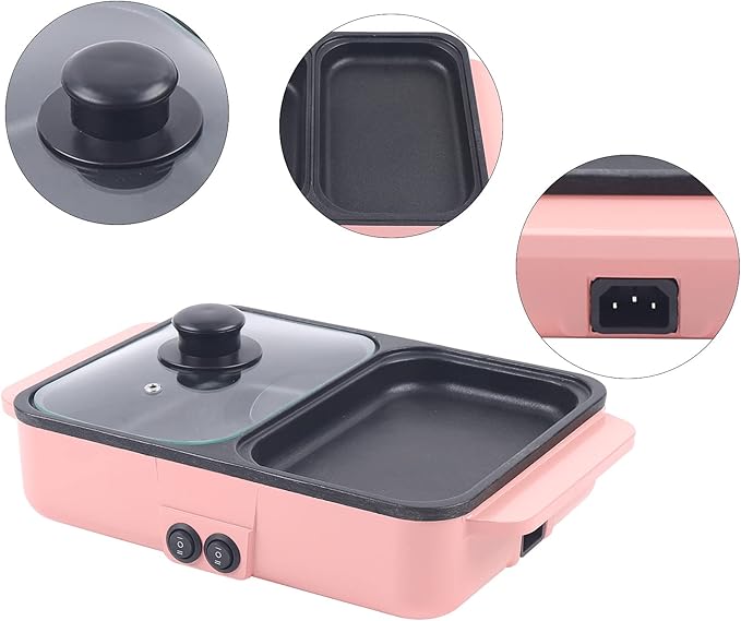 CNCEST 2 in 1 Portable Electric Hot Pot Barbecue Grill Non-Stick Teppanyaki Pan 110V Indoor Hotpot Grill Korean BBQ Combo (Pink)