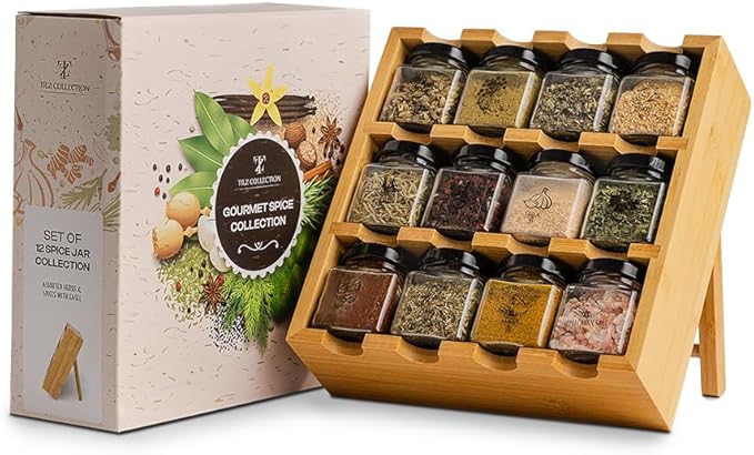 TILZ GEAR Wooden 3-Tier Spice Rack, 12 Filled Glass Jars, 12 Organic Spices Included, Brown