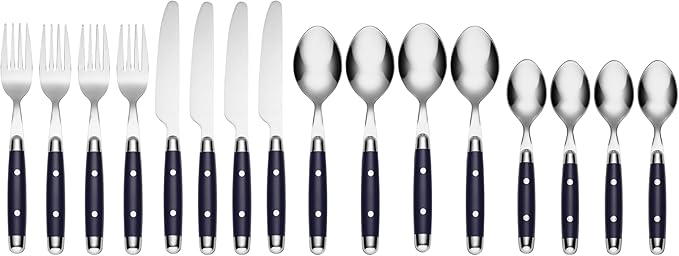 Cambridge Silverware Set, Jubilee Blue 16-Piece Flatware Set, Service For 4, 18/0 Stainless Steel, Knives Spoons And Forks Sets, Dishwasher Safe, Home And Kitchen Utensils (Black/Silver, 16 Piece)