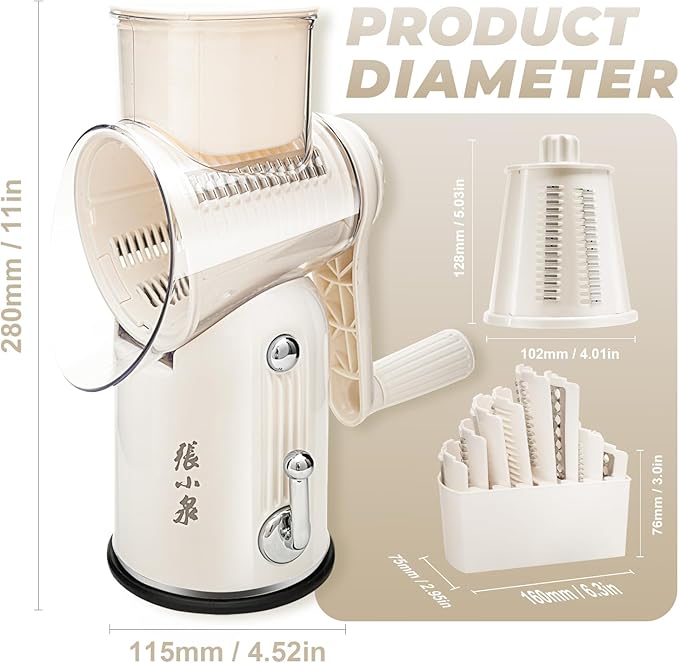 ZHANG XIAO QUAN SINCE 1628 5-in-1 Interchangeable Blades Rotary Cheese Grater Hand Crank, Cheese Shredder Mandoline Vegetable Julienne Slicer Cutter Nut Chopper with Anti-Slip Base, Cream