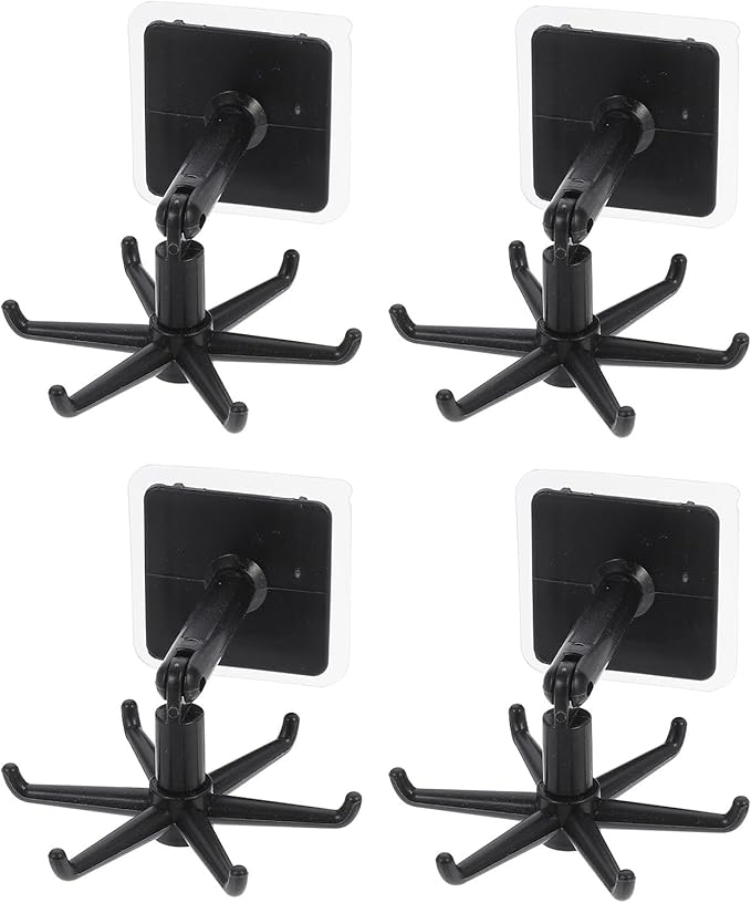 Cabilock 4pcs Rotatable Multi-Purpose Kitchen Utensil Hooks, 360° Folding No-Trace Adhesive Hooks, Black Hanging Soup Ladle and Spatula Storage Holder for Kitchen Organization
