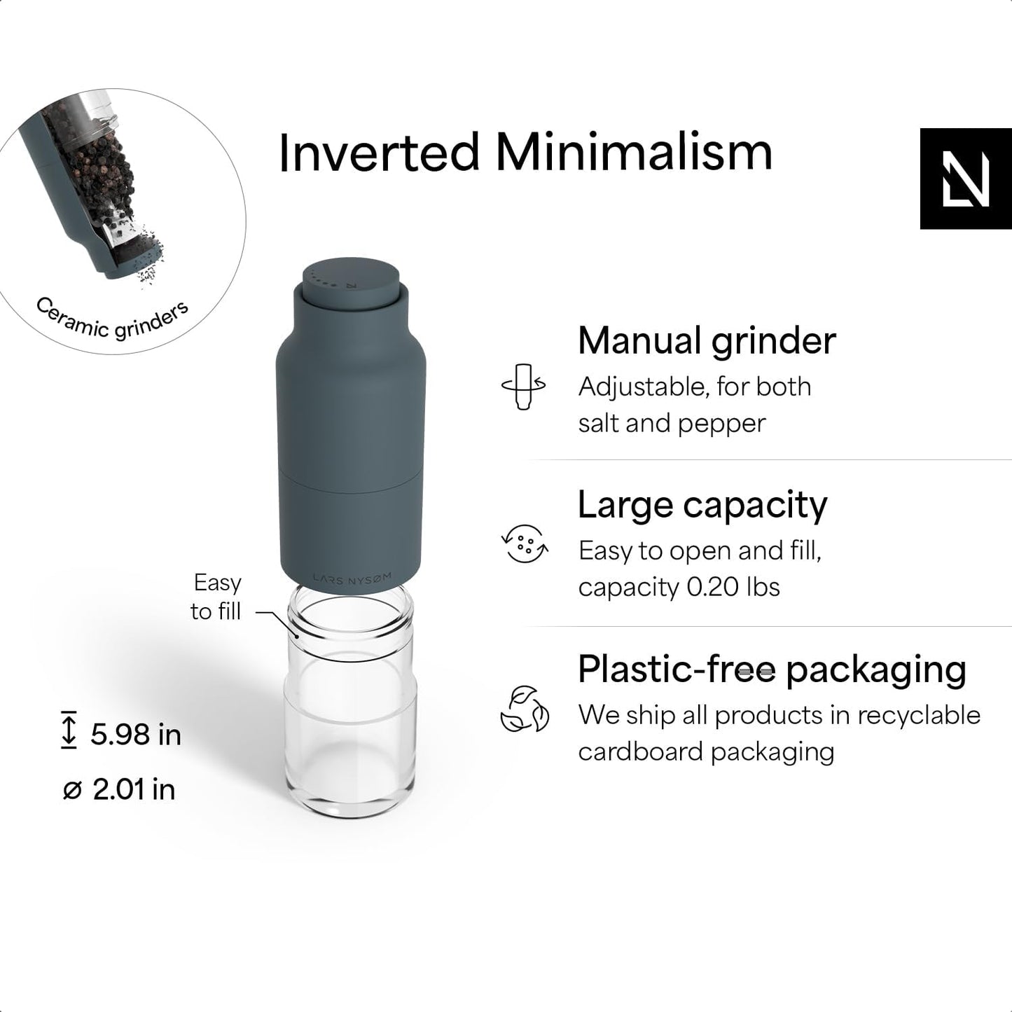 LARS NYSØM Salt and Pepper Grinder Set, Stainless Steel Manual Salt and Pepper Mills, Adjustable Ceramic Grinder, Design Spice Shakers (Stone Blue)