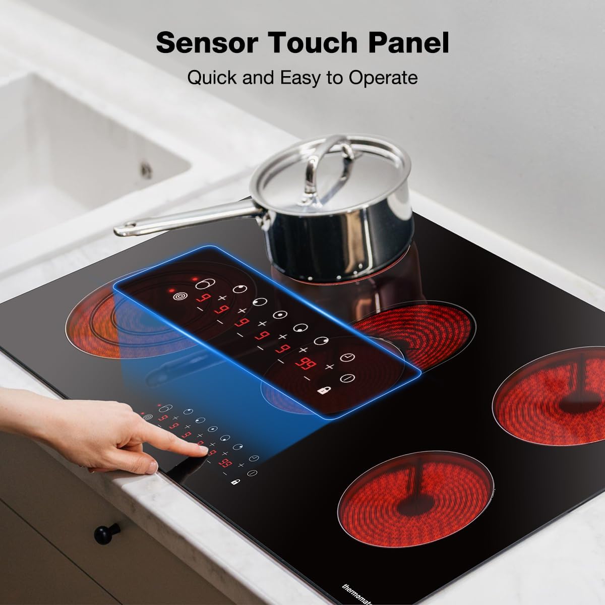 ThermoMate 36 Inch Electric Cooktop 5 Burners, 36" Built in Radiant Electric Stove Top, 8500W Ceramic Cooktop with Touch Control, 9 Heating Level, Chlid Lock & Timer, 220-240V Hard Wire ETL Listed