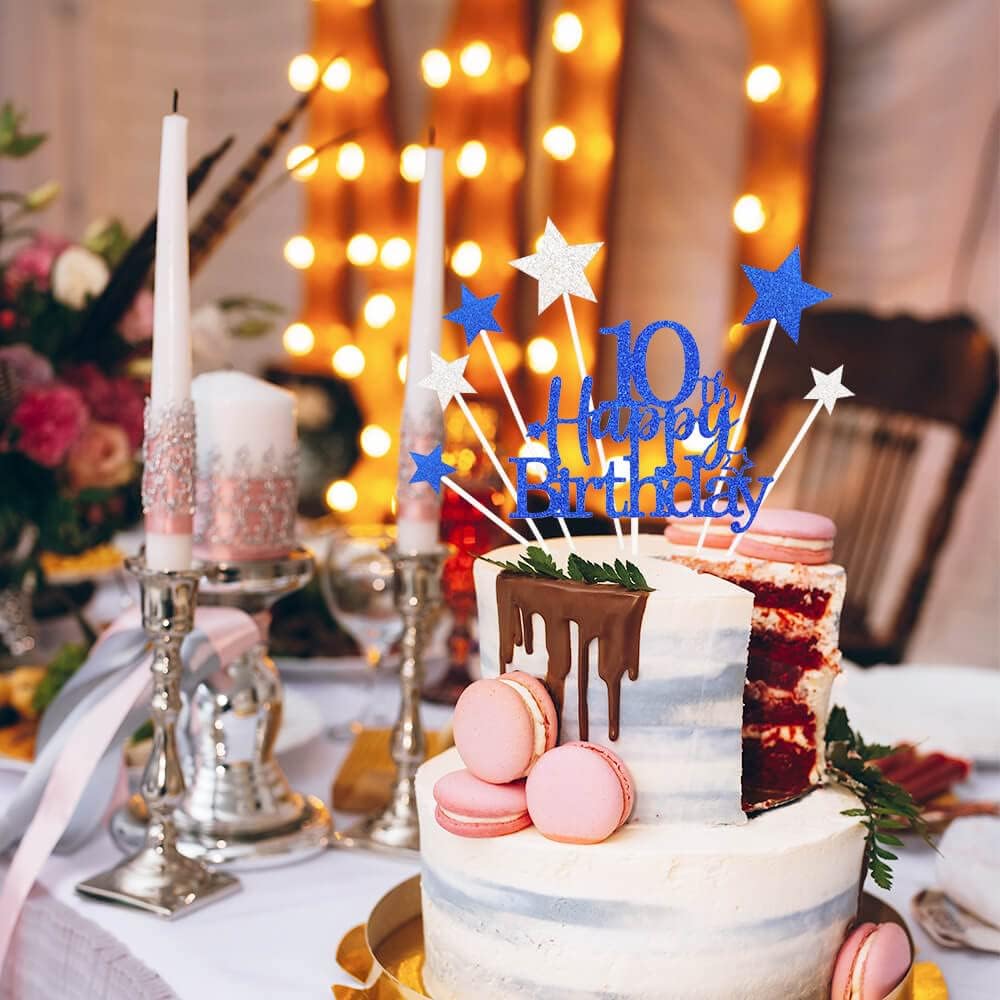 Glittery 10th Cake Topper with Star Boys and Girls 10th Birthday Party Supplies, Ten Years Old Birthday Party Decorations Royal Blue
