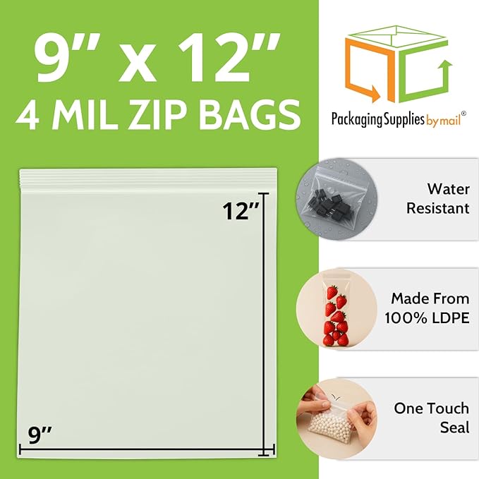 PSBM 1000 Count 4 Mil 9 Inch x 12 Inch, White Block Reclosable Poly Bags, With Write-On Block, Clear Zip Plastic Bag, Lock Seal Zipper For Packing, Storing, Organizing & Shipping Products