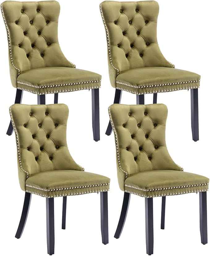 Velvet Dining Chairs Set of 4, Tufted Upholstered Wingback with Back Ring Pull Trim, Solid Wood Legs (Olive Green) for Dining, Living, Kitchen