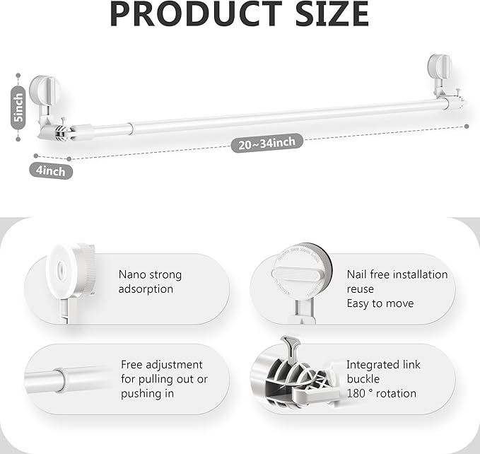 Towel Bar for Bathroom Wall Mounted,Adjustable No Drill Towel Rack,Rustproof Towel Holder,Retractable Drying Rack for Clothes,Space-Saving Towel Hanger for Closet,Bedroom,Balcony,20-34in