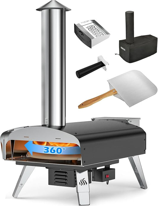Mimiuo Outdoor Pizza Oven Wood Pellet Fired Pizza Stove with Automatic Rotating Stone, Heavy Duty Pizza Stove for Backyard Camping, Bakes Pizza in 60 Seconds, Includes Pizza Stone, Peel & Cover