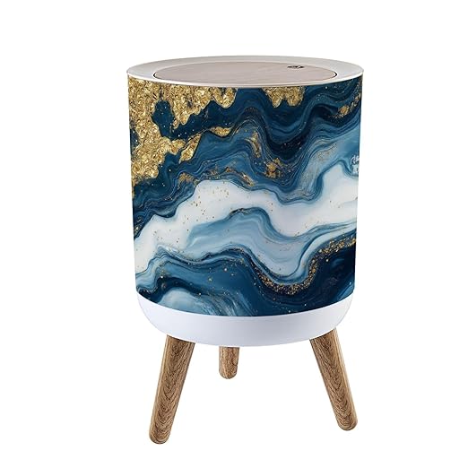 Trash Can with Lid Natural luxury Ancient oriental drawing technique Style incorporates Press Top Round Small Garbage Bin with Wooden Legs Waste Basket for Kitchen Bedroom Nursery 7L/1.8 Gallon