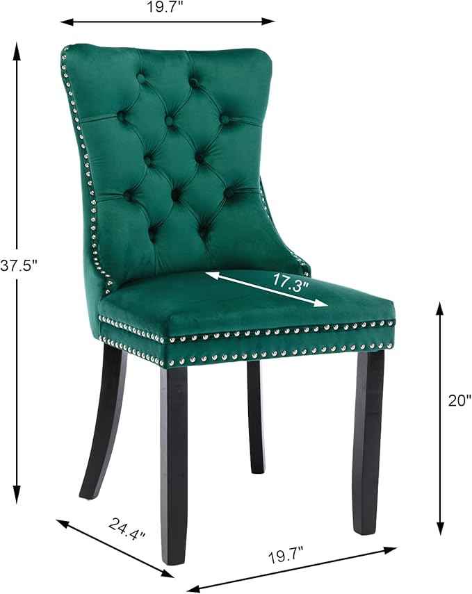 Green Velvet Dining Chairs Set of 6, Upholstered Dining Room Chairs with Back Ring Pull Trim and Solid Wood Legs, Tufted Wingback Kitchen Chairs for Dining Room,Living Room,Kitchen(Green)