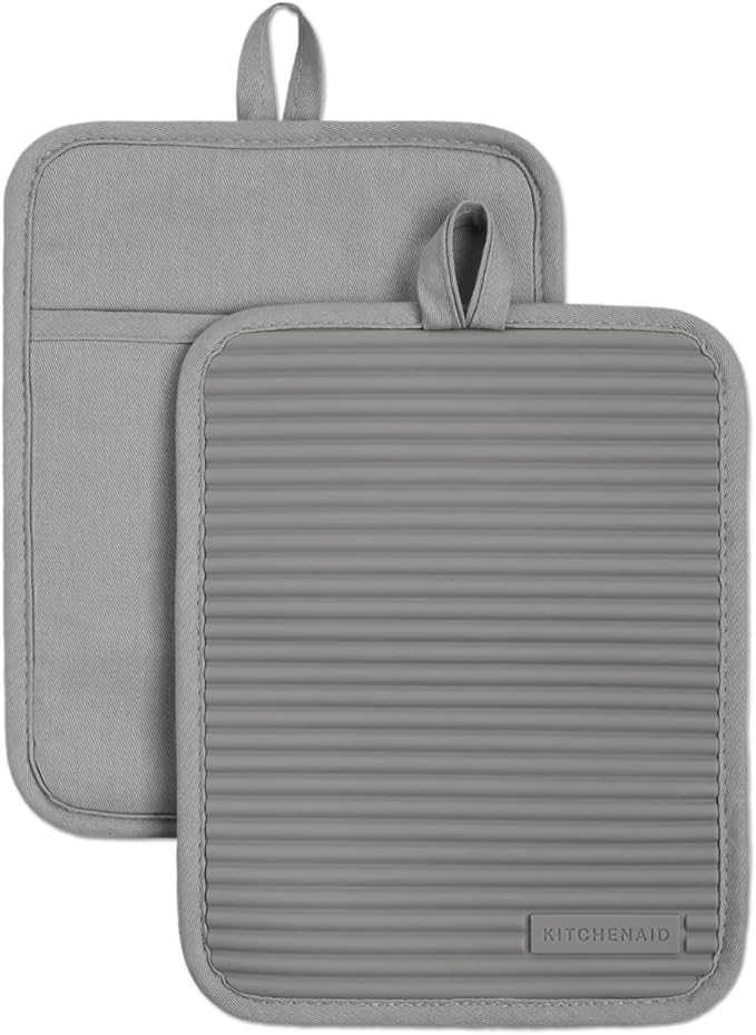 KitchenAid Ribbed Soft Silicone Oven Mitt Set, 7"x13", Grey 2 Count & Ribbed Soft Silicone Water Resistant Pot Holder Set, Grey, 2 Piece Set