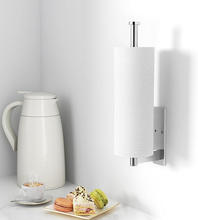 Paper Towel Holder Under Cabinet - Stainless Steel Paper Towel Holder Wall Mount, Self-Adhesive or Drilling, Silver Towel Rack for Kitchen Organization and Storage, Kitchen Paper Roll Holder
