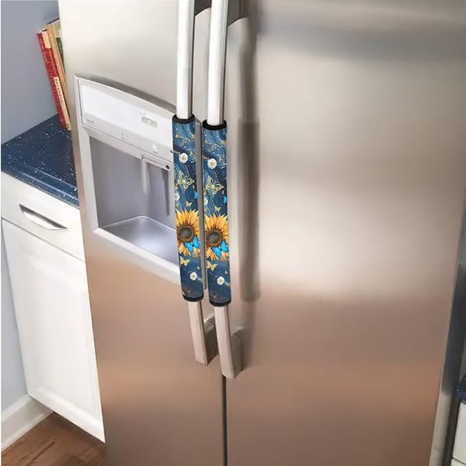 6 PCS Fridge Oven Door Handle Covers Kitchen Electrical Appliance Decor Handles Washable Fabric Indoor Decor Keep Off Stains Dust Fingerprint, Marble Sunflower Butterfly Daisy Dark Blue