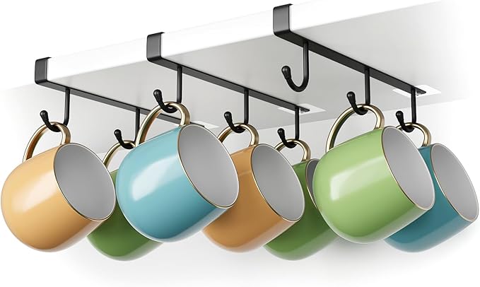 ECROCY Coffee Mug Holder Under Cabinet, 3pcs Coffee Cup Holder Only Fits Flat Shelf Without Any Lip, Clip-On Mug Hooks No Drilling Free Damage