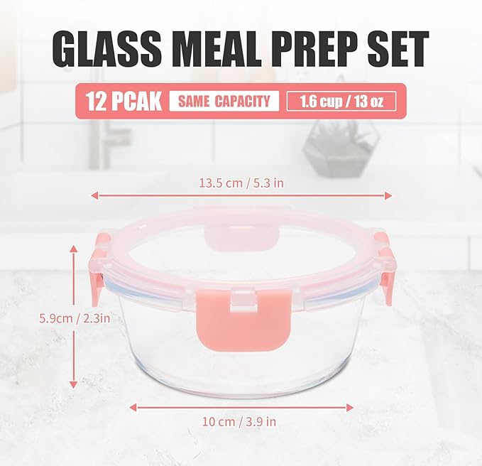 GULFLIN 12 Pack 13oz Small Glass Food Storage Containers with Lids Airtight, Leak-Proof Round Meal Prep Containers Set, Freezer to Microwave Safe, Dishwasher Safe