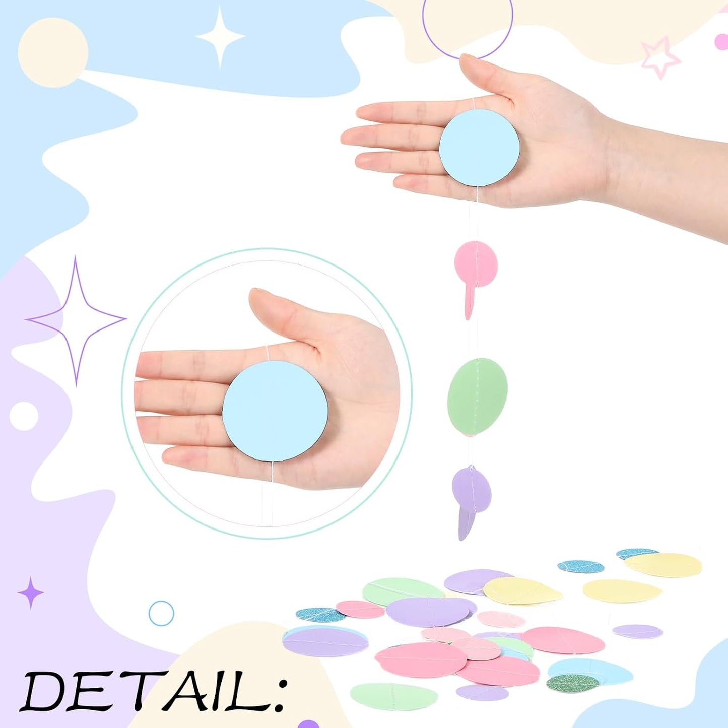 Outus 10 Pieces Colorful Dots Paper Garland Round Glitter Garland Hanging Confetti Streamers Backdrop Decoration for Birthday Classroom Candy Sprinkles Trunk or Treat Party (Pastel)
