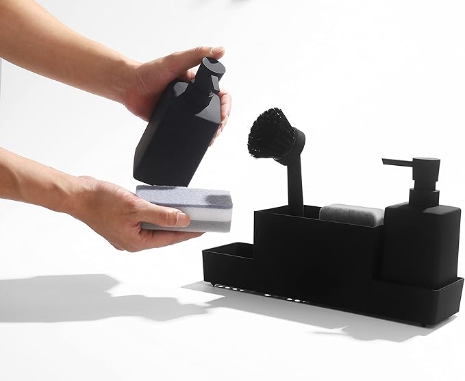 Kitchen Soap Dispenser with Sponge Holder Set for Sink Caddy, Hand Soap and Dish Soap Dispenser with Brush (Black)