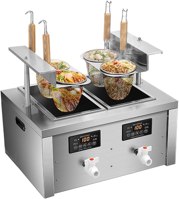 Auto-lift Commercial Pasta Cooker with Timer, Noodle Cooking Machine with 2 Drainage,Macaroni Vegetable Dumpling Cooker,Boiler For Spaghetti Ramen,Temperature Adjustable (4 holes)