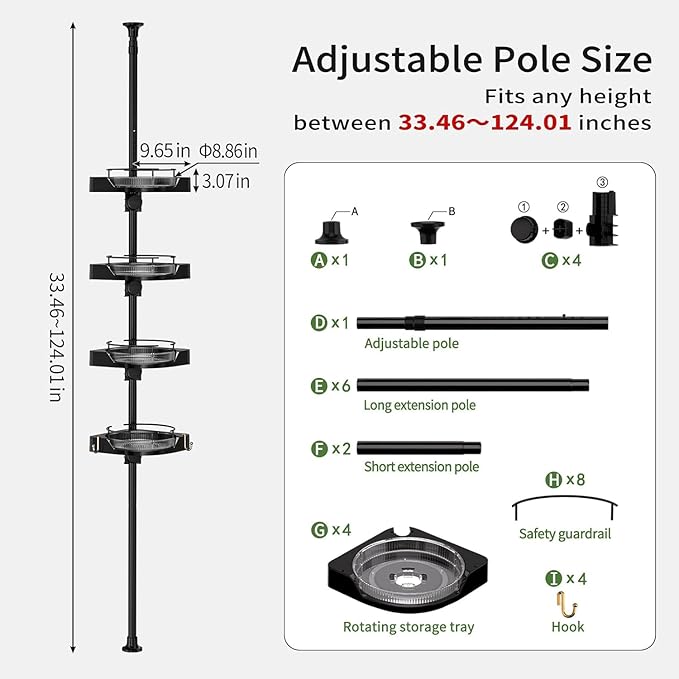 shuang qing 360° Rotating Corner Shower Caddy Tension Pole Organizer - 4-Tier Adjustable Rustproof Metal Pole, Plastic Shelves with Safety Guardrail, Bathroom Storage for Shower & Bathtub(Black)