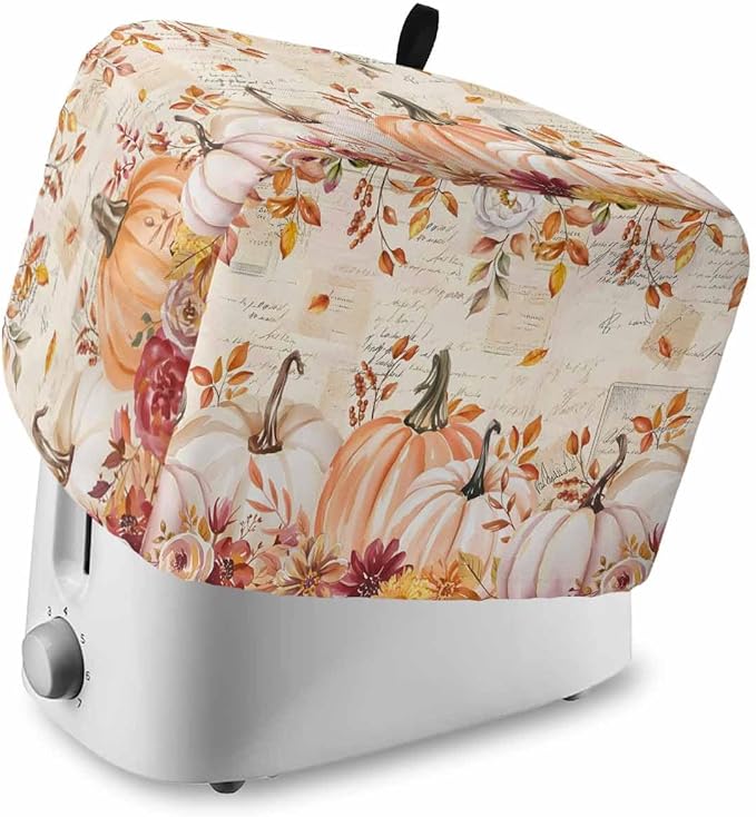 Pink Orange Pumpkins Fall Toaster Cover 4 Slice, Thanksgiving Leaves Dustproof Bakeware Oven Protector with Top Hook, Autumn Floral Waterproof Small Kitchen Appliance Toasters Dust Cover, 12"x11"x8"