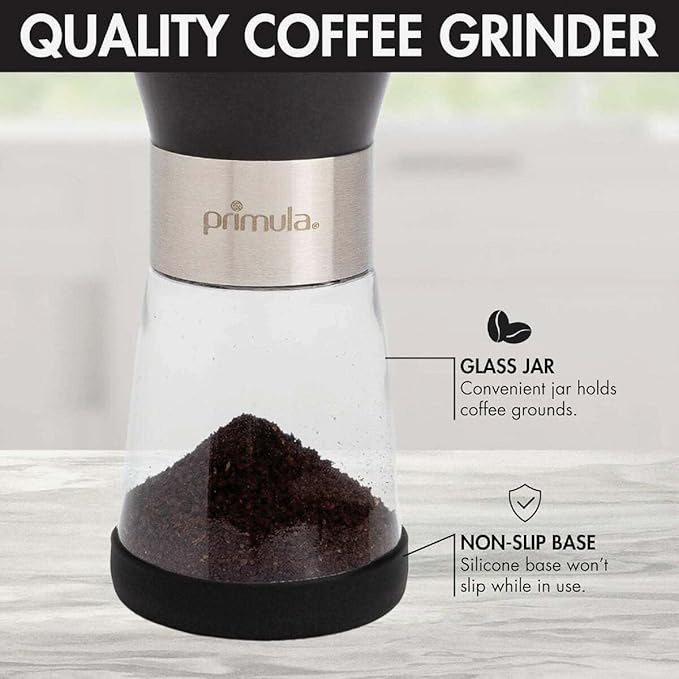 Primula Manual Adjustable Burr Coffee Grinder - Ceramic Mill & Brushed Stainless Steel Body - Whole Bean for French Press, Cold Brew, Espresso, Camping, And More
