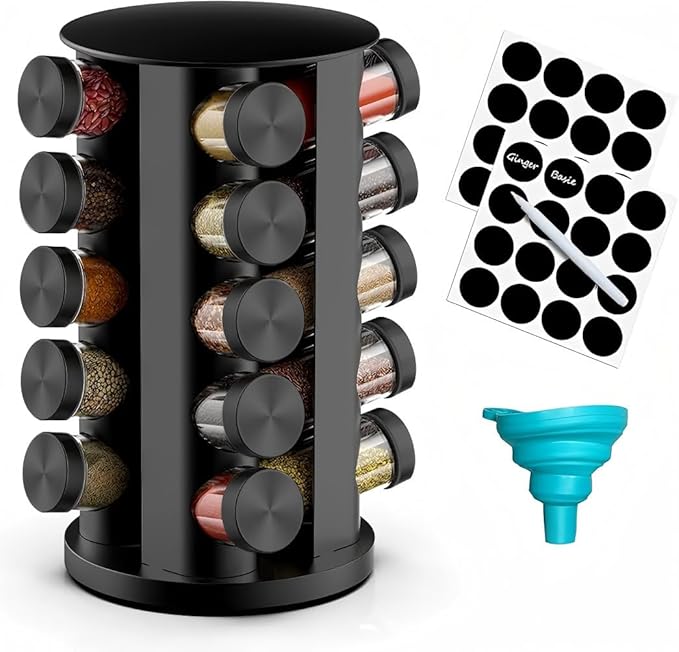 Rotating Spice Rack Organizer for Cabinet, Spice Racks Storage with 20 Jars, Spinning Spice rack for Kitchen Countertop, Spice Holder,Seasoing Storage Racks, Black