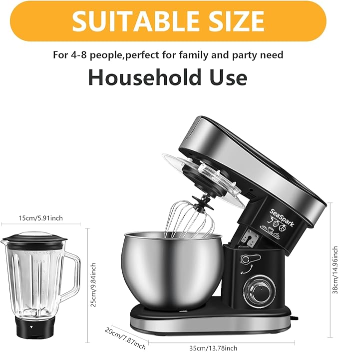 Multifunctional Stand Mixer, 6 in 1 Stand Mixer, 6.3Qt Tilt-head, Standing Mixer with Stainless Steel Bowl, Meat Grinder, Juice Blender, for professional Baking and Most Home Cooks, Black