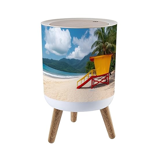 Trash Can with Lid maracas beach trinidad tobago lifeguard cabin empty beach maraca Press Top Round Small Garbage Bin with Wooden Legs Waste Basket for Kitchen Bedroom Nursery 7L/1.8 Gallon