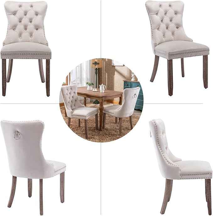 Beige Velvet Dining Chairs Set of 6, Upholstered Dining Room Chairs with Back Ring Pull Trim and Solid Wood Legs, Tufted Wingback Kitchen Chairs for Dining Room,Living Room,Kitchen(Beige)