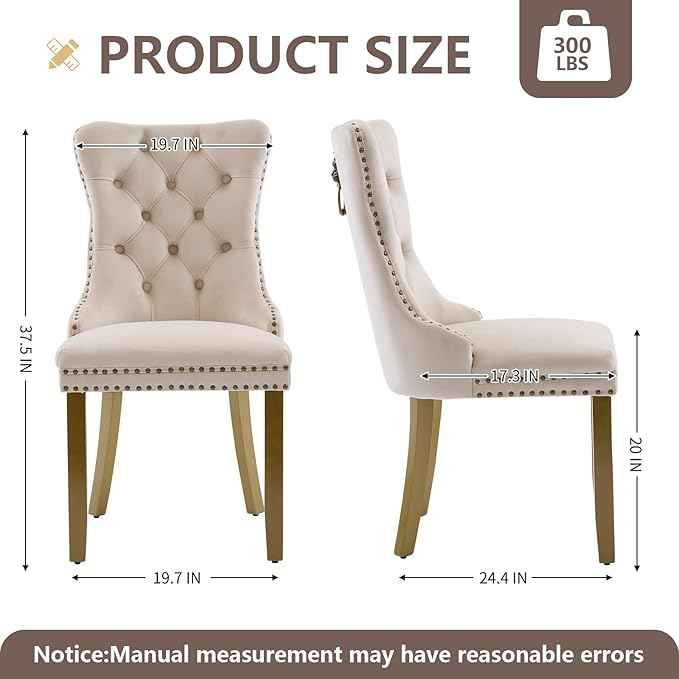 Velvet Dining Chairs Set of 2, Modern Tufted Dining Room Chair, Upholstered Dining Chairs with Lion Head Pulls Ring and Golden Solid Wood Legs, Luxury Kitchen Chairs for Dining Room, Beige