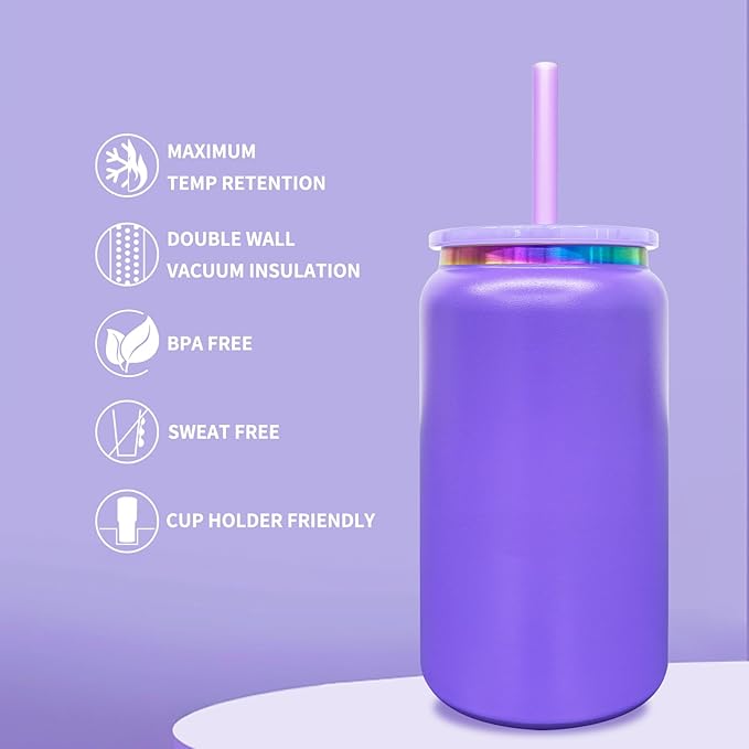 4 Pack Glass Cups with Lids and Straws, 16 oz Stainless Steel Cups, Insulated Skinny Tumbler, Powder Coated Travel Tumbler for Laser Engrave, Iced Coffee Cup for Smoothie Water DIY Gift(Purple,4 pack)