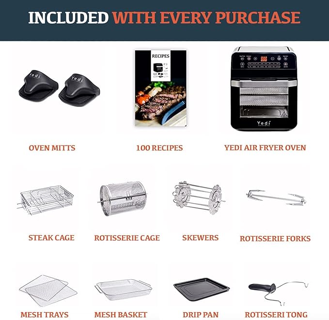 Yedi HOUSEWARE Total Package Air Fryer Oven XL, 12.7 Quart, Deluxe Accessory Kit, Recipes, BPA-Free, Auto Shutoff, Black