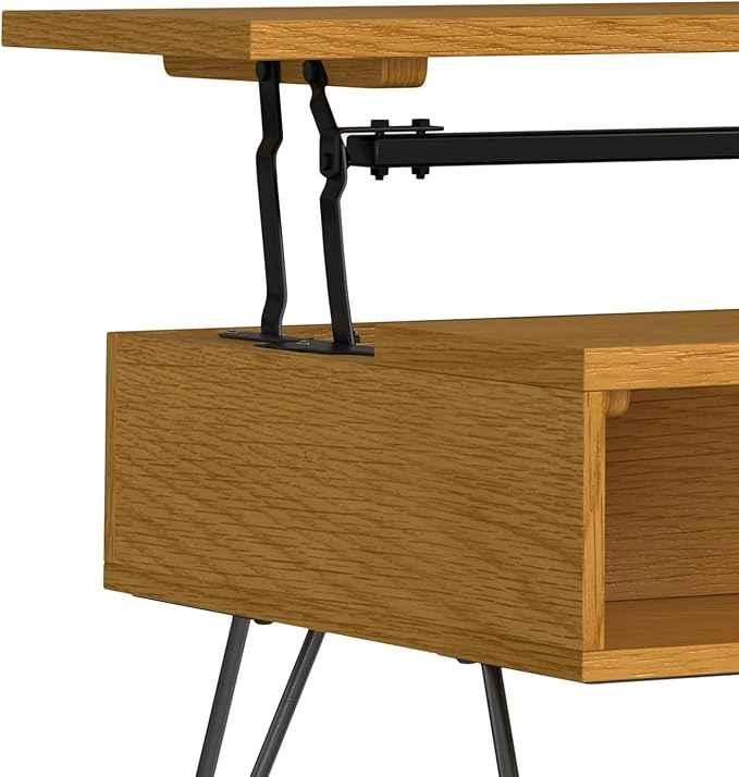 SIMPLIHOME Hunter Small Lift Top Coffee Table - 36 inch Wide Oak Veneer and Metal Industrial Cocktail Table in Oak, Living Room Table with Hidden Storage, 2 Cubbies, and Hairpin Legs
