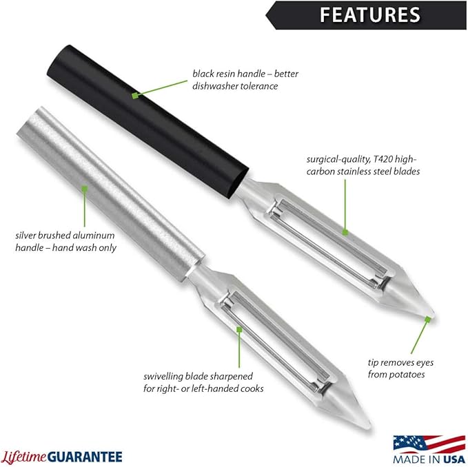 Rada Cutlery Vegetable Peeler (W232), 1.75" Stainless Steel Swiveling Blade, Black Handle, Pack of 2