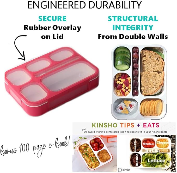kinsho Bento-Box Lunch-Box Containers for Kids Girls Toddler Women, 6 Compartment Portion Container Kit, Meal Or Snack Boxes for School Daycare Travel, Bpa-Free Pink